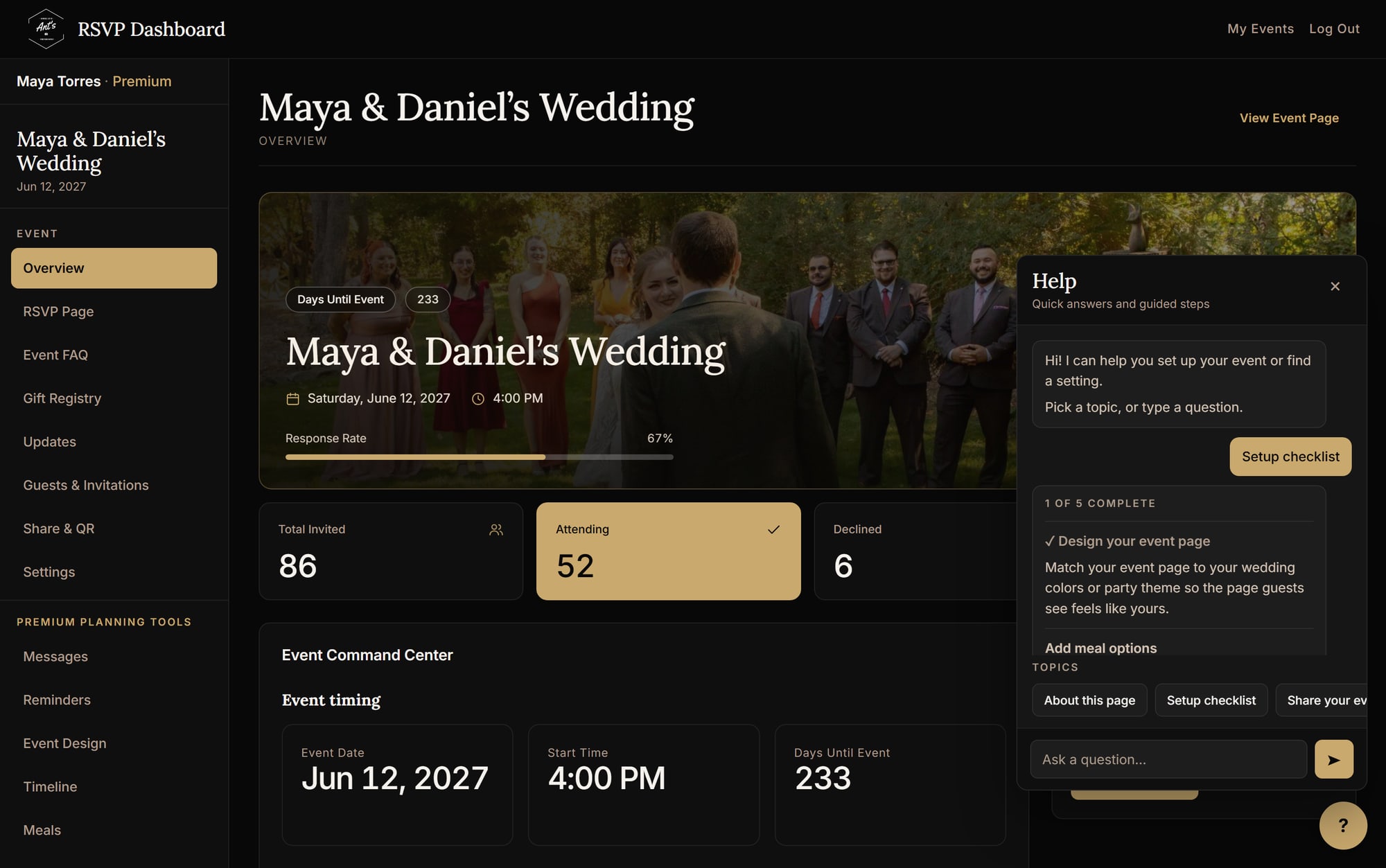 RSVP dashboard with the help chat open, showing the setup checklist with one step complete and topic buttons